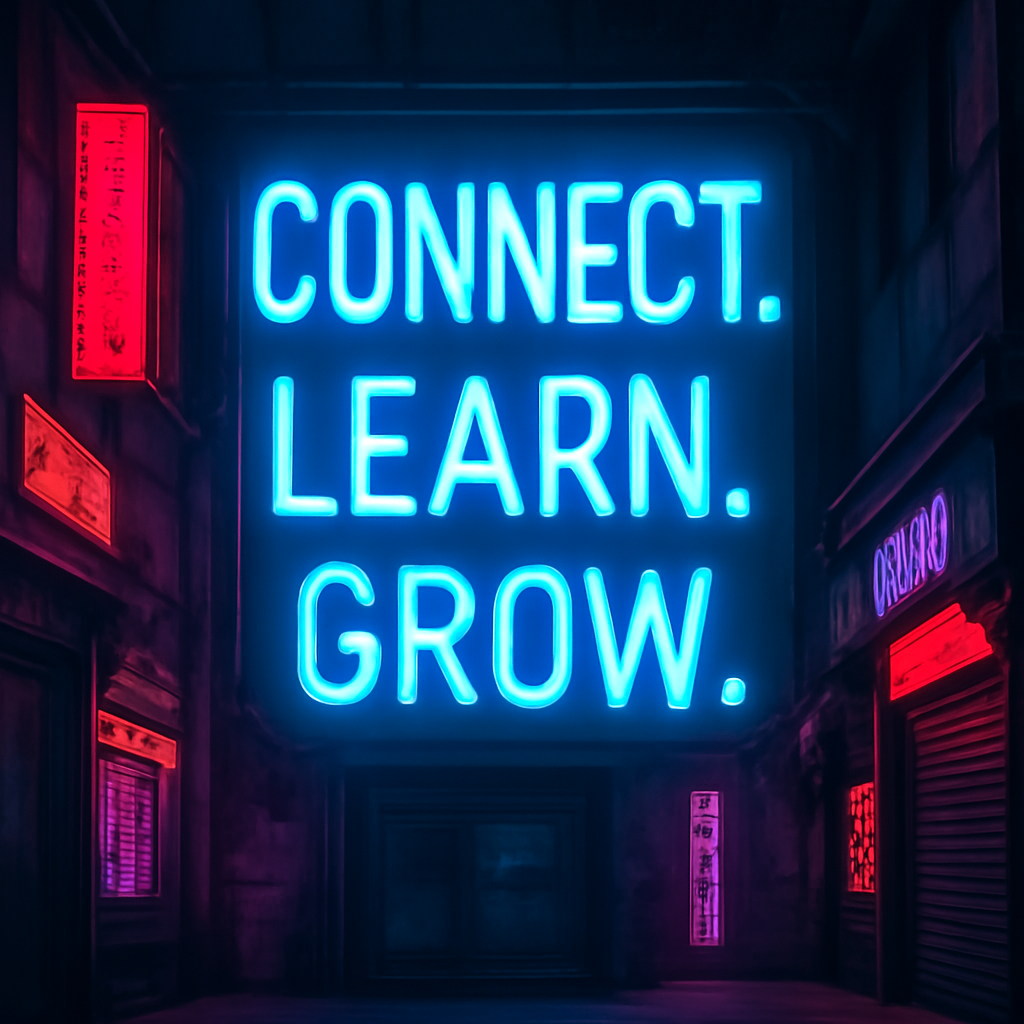 neonpunk remove the people focus on the large neon sign saying Connect Learn Grow